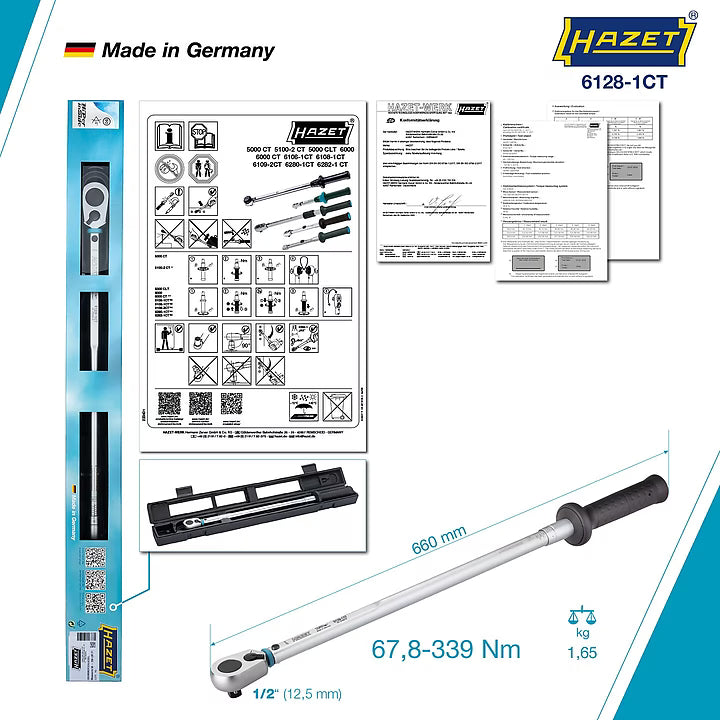 Hazet 6128-1CT  1⁄2″ Torque wrench ∙ US-STANDARD ∙ 67.8 – 339 Nm ∙ 50 – 250 lbf.ft ∙ ±3% ∙ With HiPer reversible ratchet