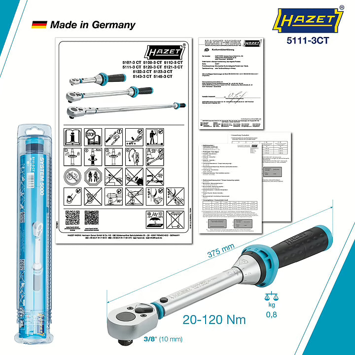 Hazet 5111-3CTCAL 3⁄8″ Torque wrench with DAkkS calibration certificate ∙ 20 – 120 Nm ∙ ±3%