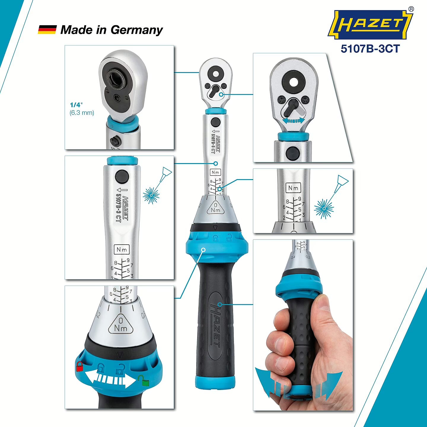 Hazet 5107B-3CT 1⁄4″ Torque wrench with reversible ratchet for screwdriver bits ∙ 1 – 9 Nm ∙ ±4%