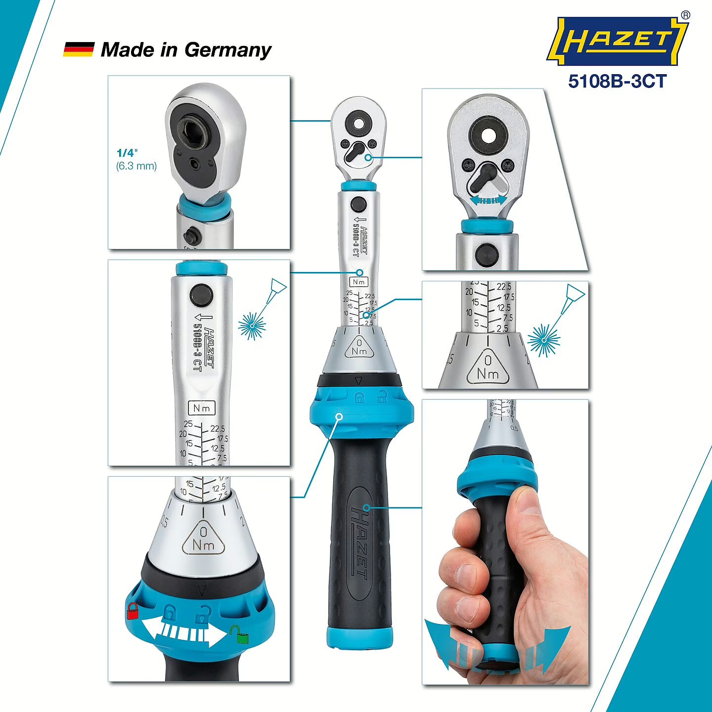 Hazet 5108B-3CT 1⁄4″ Torque wrench with reversible ratchet for screwdriver bits ∙ 2.5 – 25 Nm ∙ ±3%