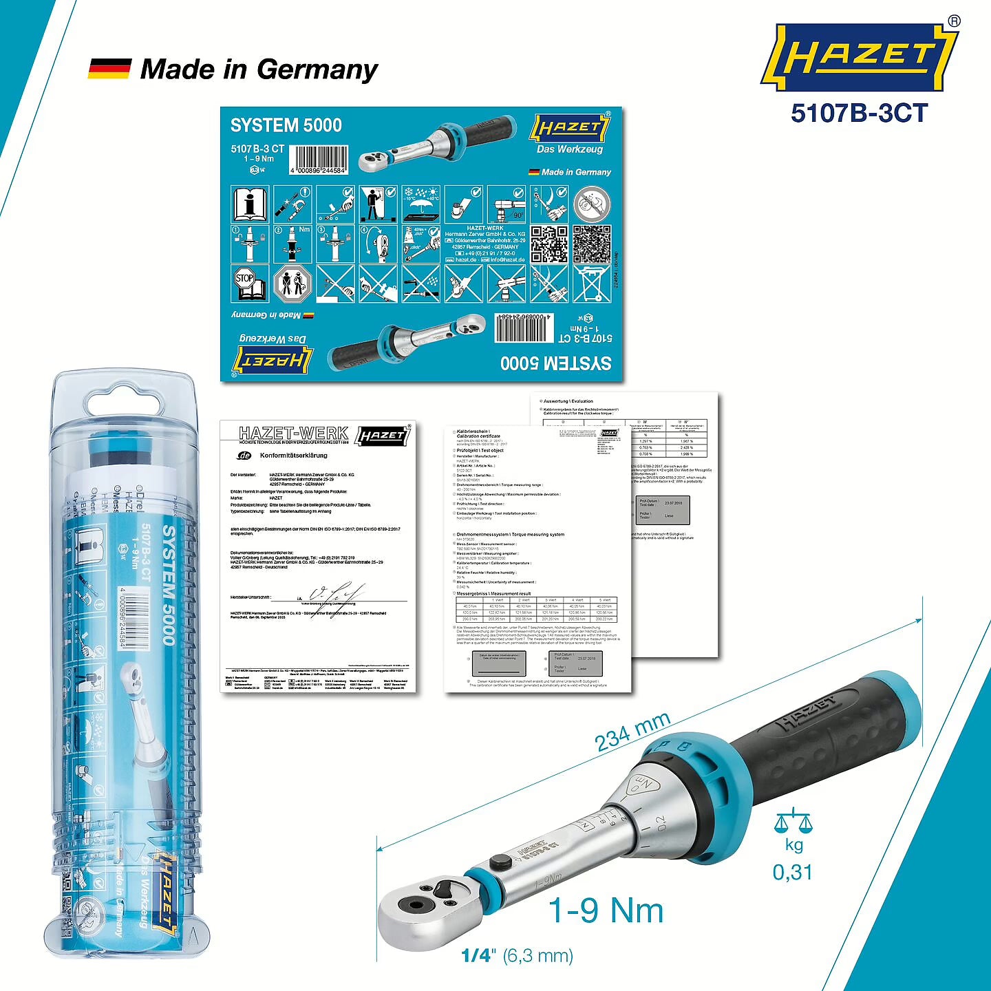 Hazet 5107B-3CT 1⁄4″ Torque wrench with reversible ratchet for screwdriver bits ∙ 1 – 9 Nm ∙ ±4%