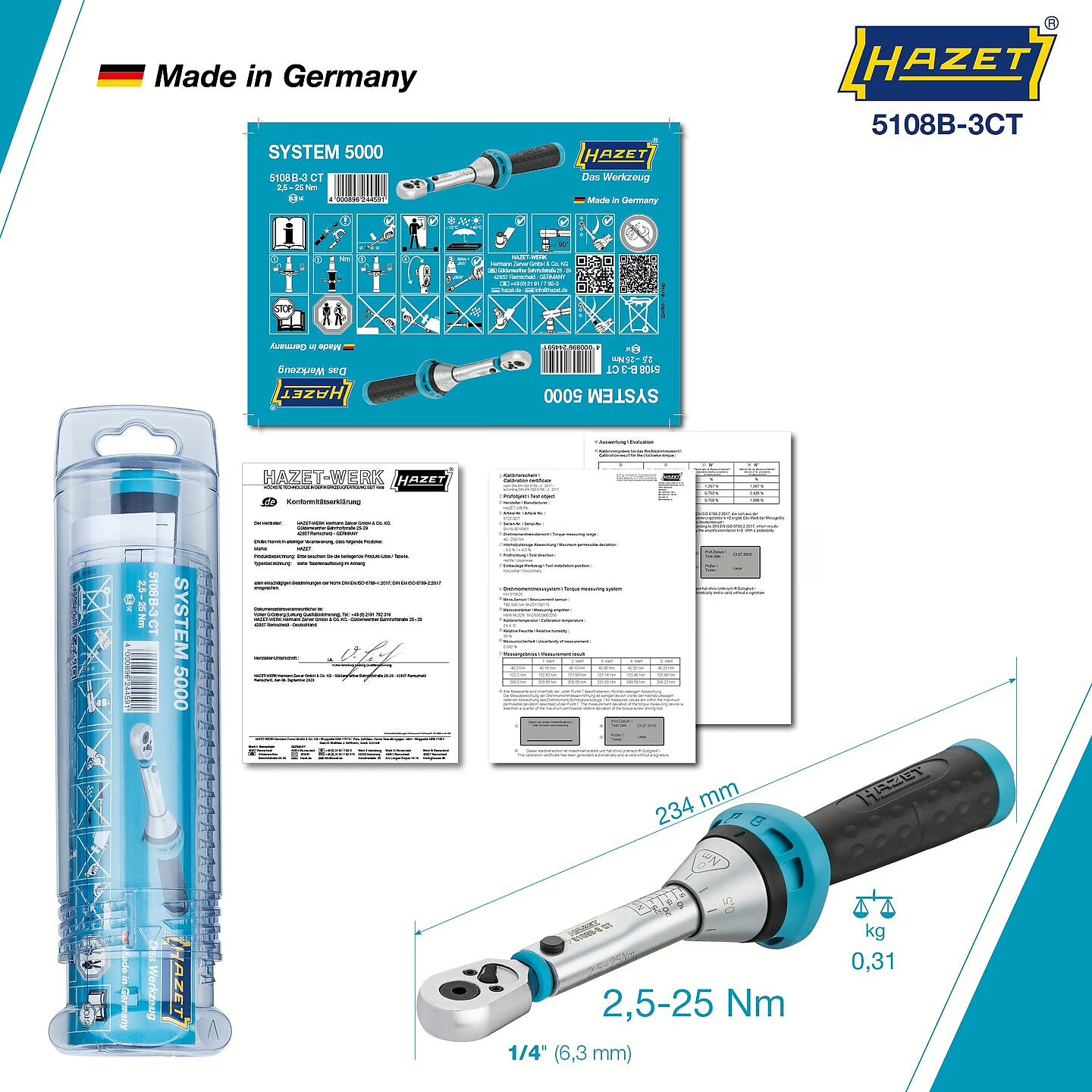 Hazet 5108B-3CT 1⁄4″ Torque wrench with reversible ratchet for screwdriver bits ∙ 2.5 – 25 Nm ∙ ±3%