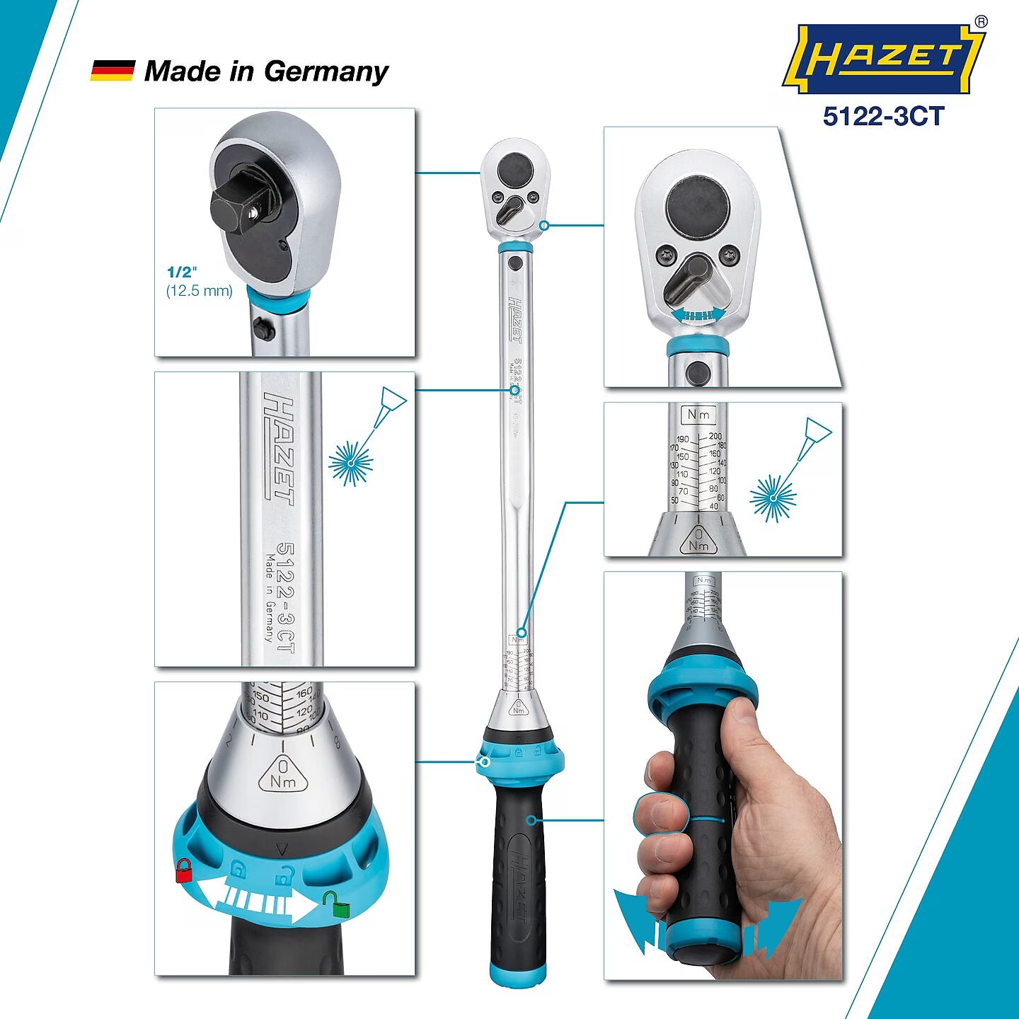 Hazet 5122-3CTCAL 1⁄2″ Torque wrench with DAkkS calibration certificate ∙ 40 – 200 Nm ∙ ±3%
