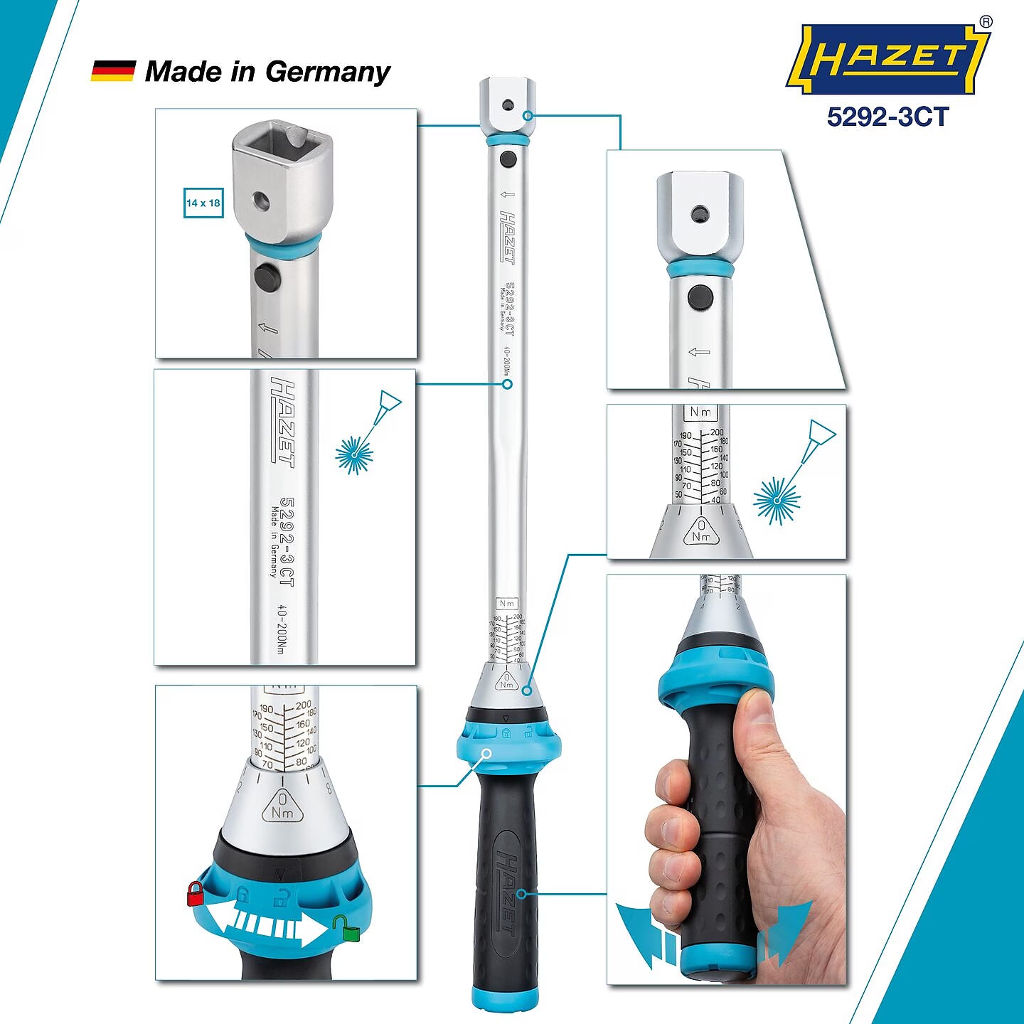 Hazet 5292-3CTCAL 14 x 18 mm Torque wrench with DAkkS calibration certificate ∙ 40 – 200 Nm ∙ ±3%