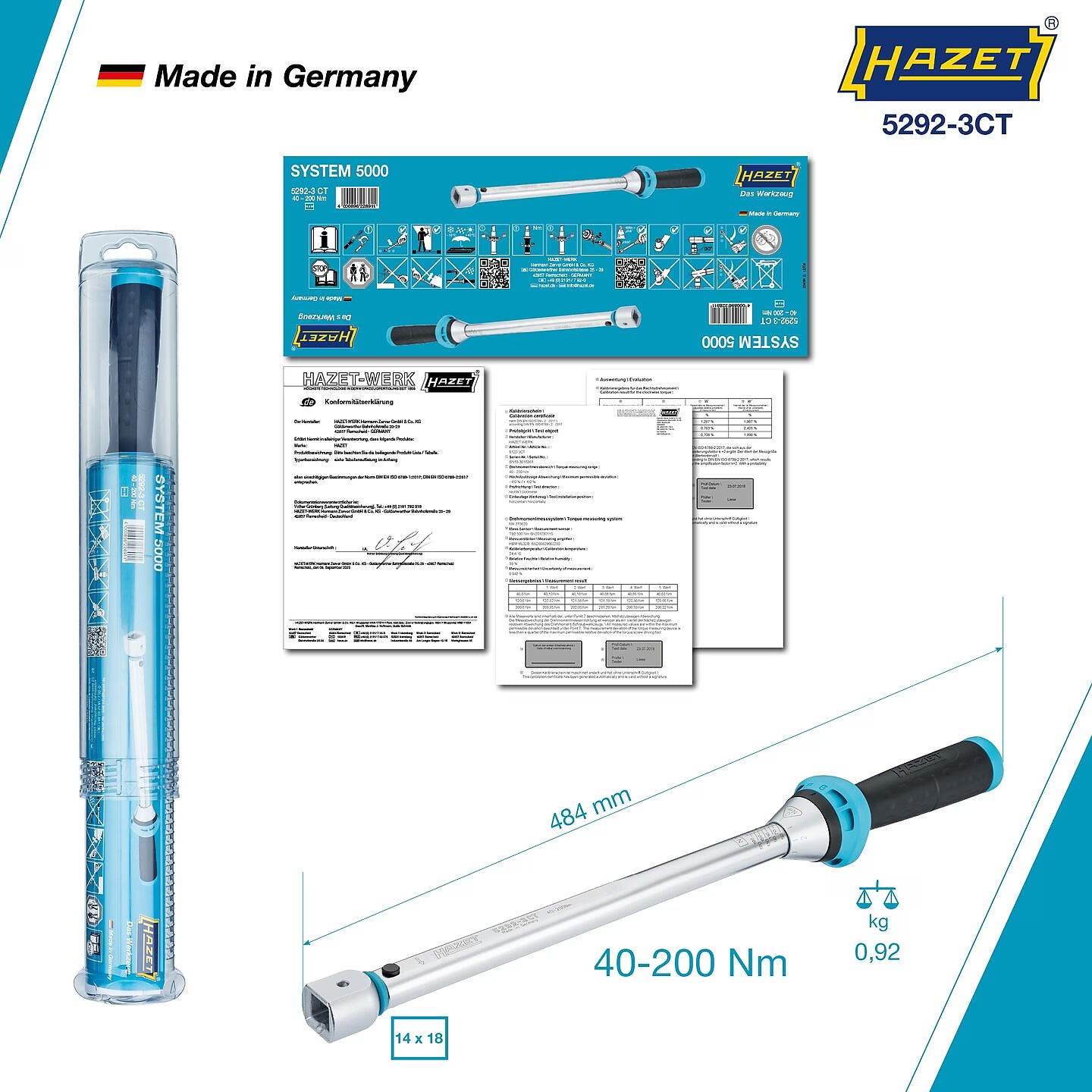 Hazet 5292-3CTCAL 14 x 18 mm Torque wrench with DAkkS calibration certificate ∙ 40 – 200 Nm ∙ ±3%