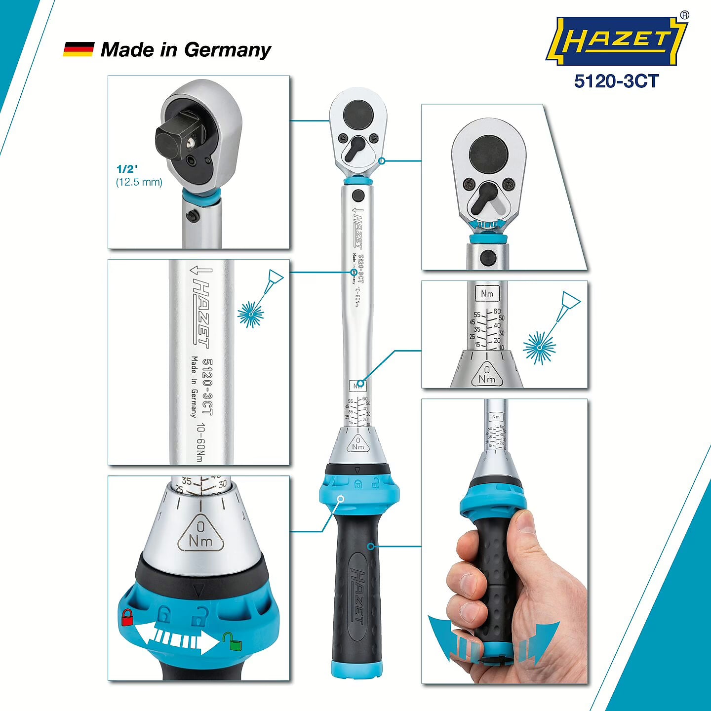 Hazet 5120-3CT 1⁄2″ Torque wrench ∙ 10 – 60 Nm ∙ ±3%