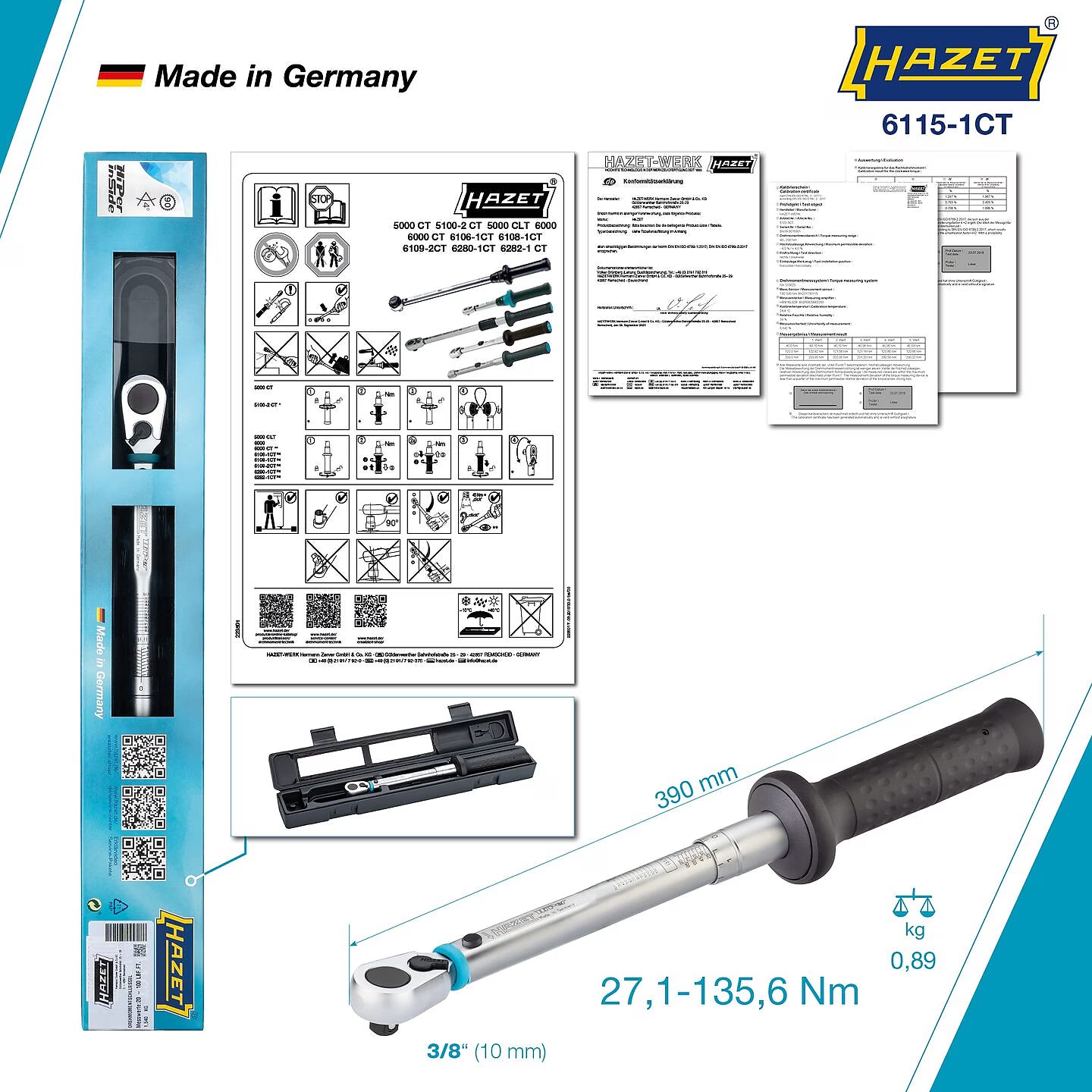 Hazet 6115-1CT 3⁄8″ Torque wrench ∙ US-STANDARD ∙ 27.1 – 135.6 Nm ∙ 20 – 100 lbf.ft ∙ ±3% ∙ With HiPer reversible ratchet