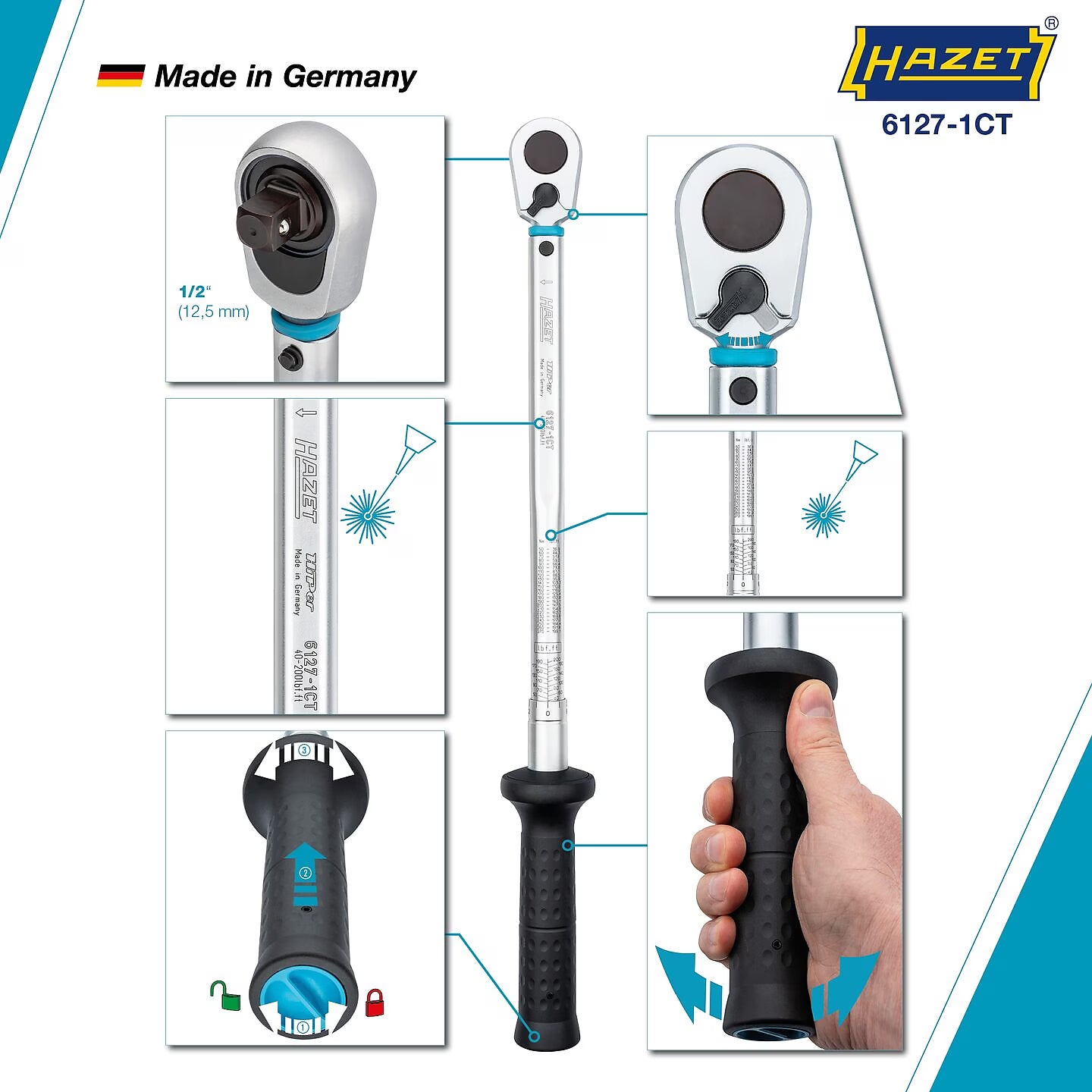 Hazet 6127-1CT 1⁄2″ Torque wrench ∙ US-STANDARD ∙ 54.2 – 271.2 Nm ∙ 40 – 200 lbf.ft ∙ ±3% ∙ With HiPer reversible ratchet