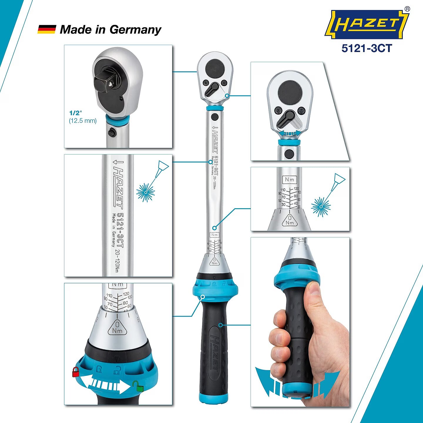 Hazet 5121-3CT 1⁄2″ Torque wrench ∙ 20 – 120 Nm ∙ ±3%