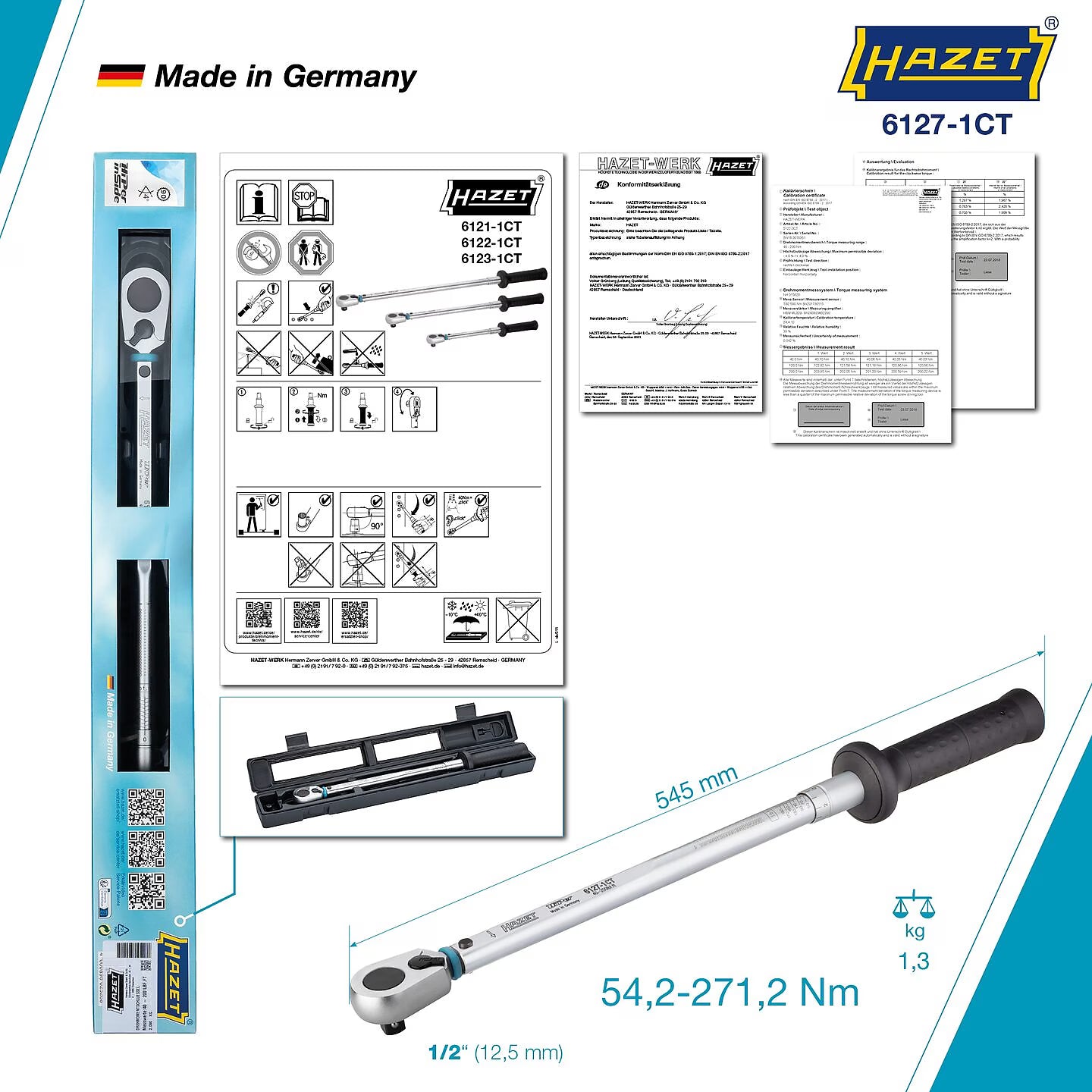 Hazet 6127-1CT 1⁄2″ Torque wrench ∙ US-STANDARD ∙ 54.2 – 271.2 Nm ∙ 40 – 200 lbf.ft ∙ ±3% ∙ With HiPer reversible ratchet
