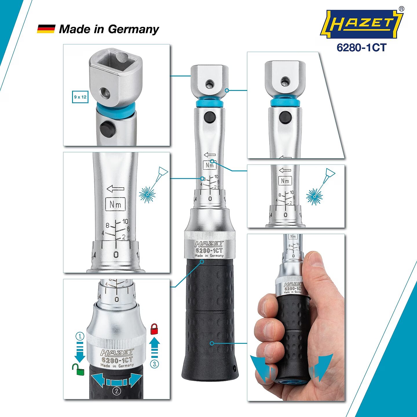 Hazet 6280-1CTCAL 9 x 12 mm Torque wrench with DAkkS calibration certificate ∙ 2 – 10 Nm ∙ ±2%
