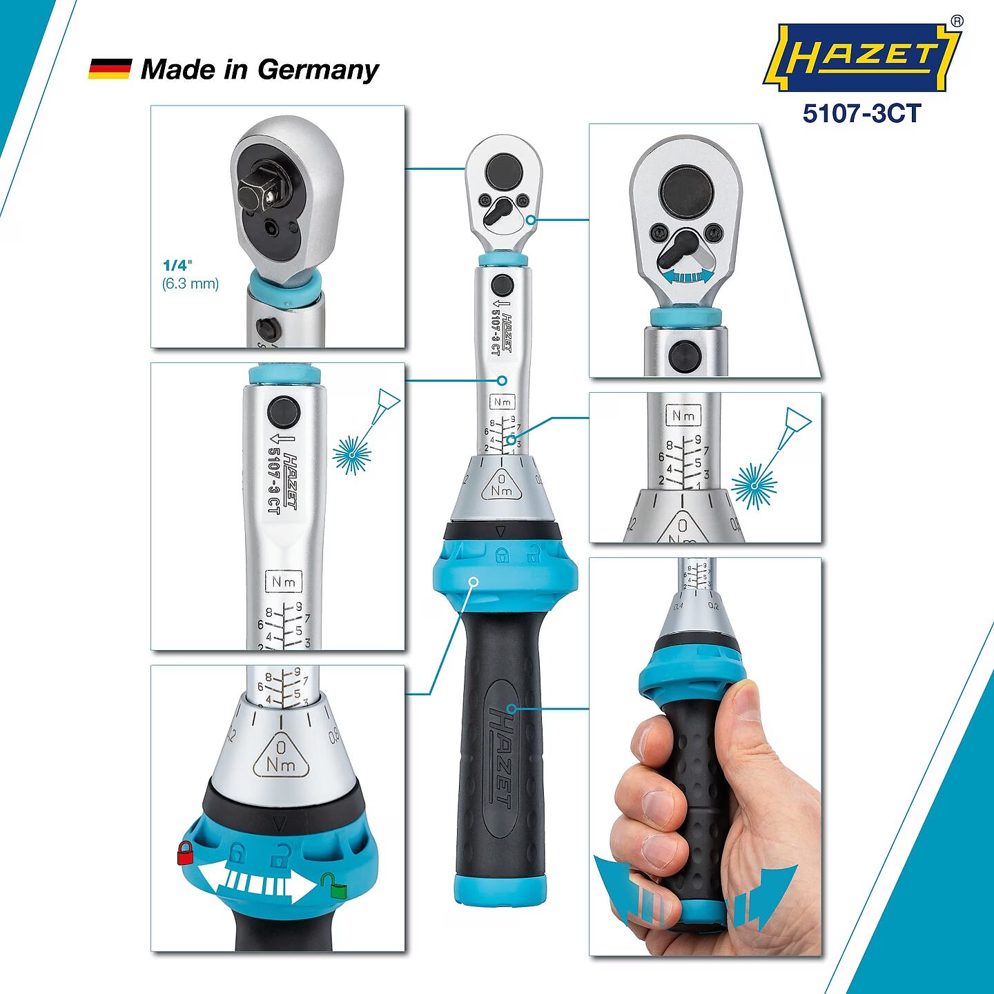Hazet 5107-3CTCAL 1⁄4″ Torque wrench with DAkkS calibration certificate ∙ 1 – 9 Nm ∙ ±4%