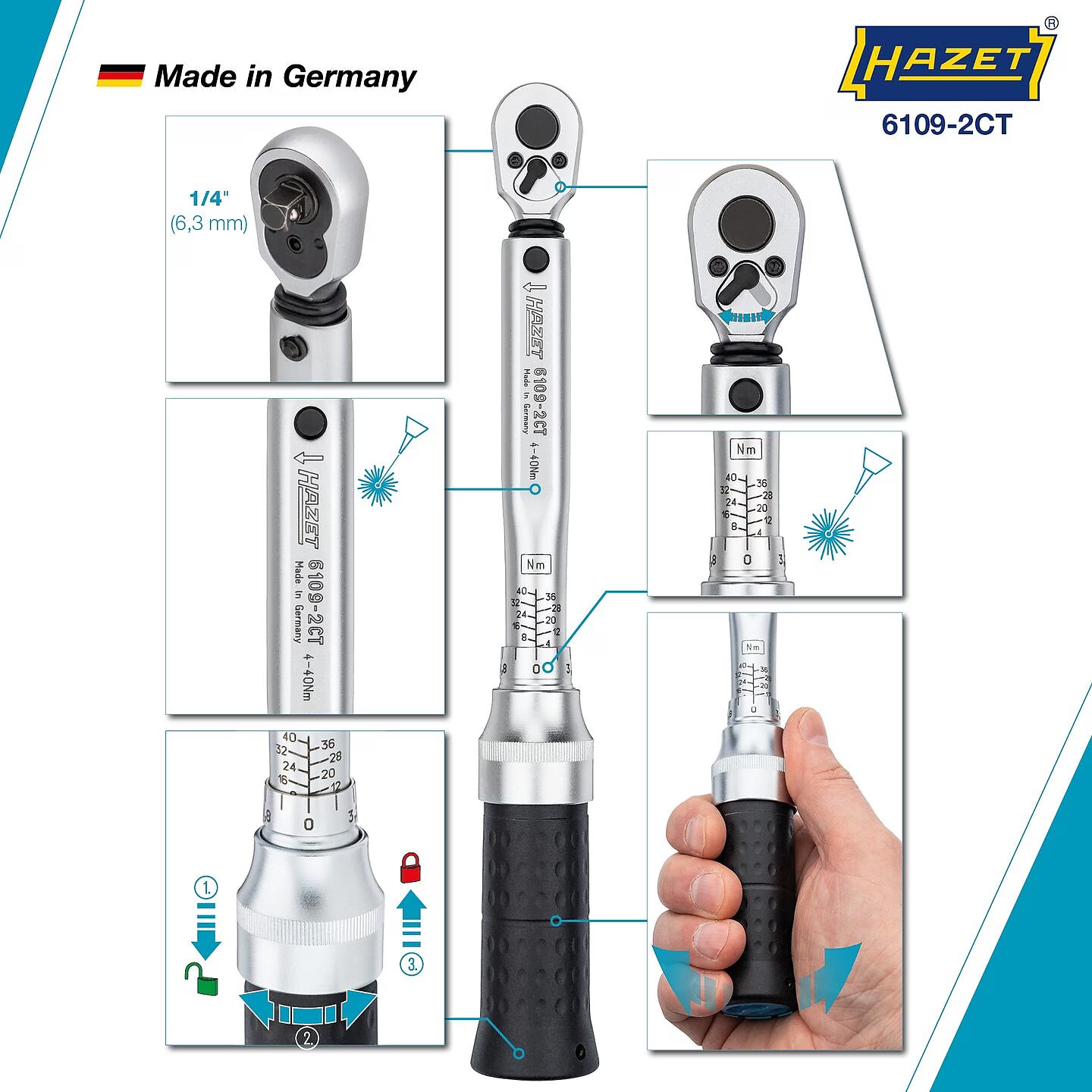 Hazet 6109-2CTCAL 1⁄4″ Torque wrench with DAkkS calibration certificate ∙ 4 – 40 Nm ∙ ±2% ∙ With HiPer reversible ratchet