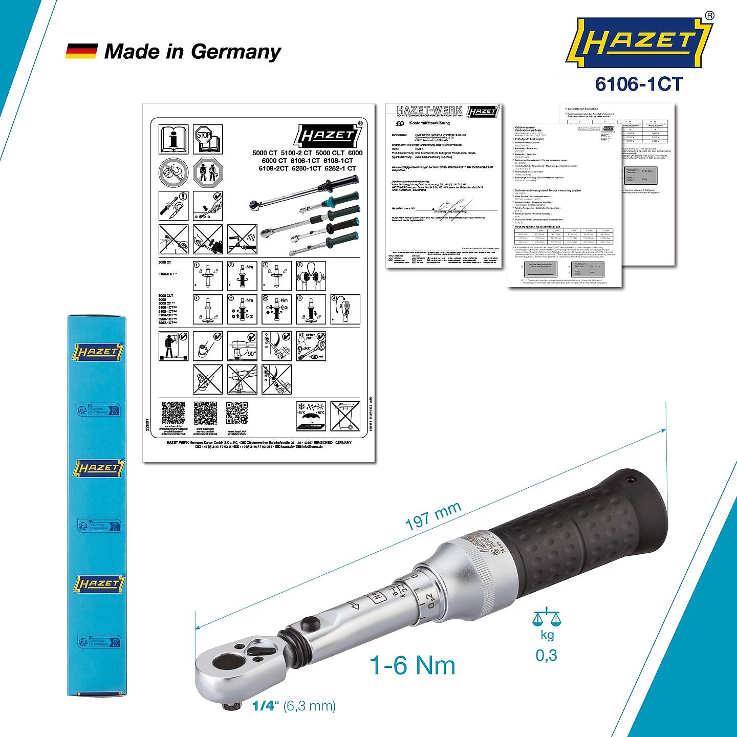 Hazet 6106-1CT 1⁄4″ Torque wrench ∙ 1 – 6 Nm ∙ ±4% ∙ With HiPer reversible ratchet