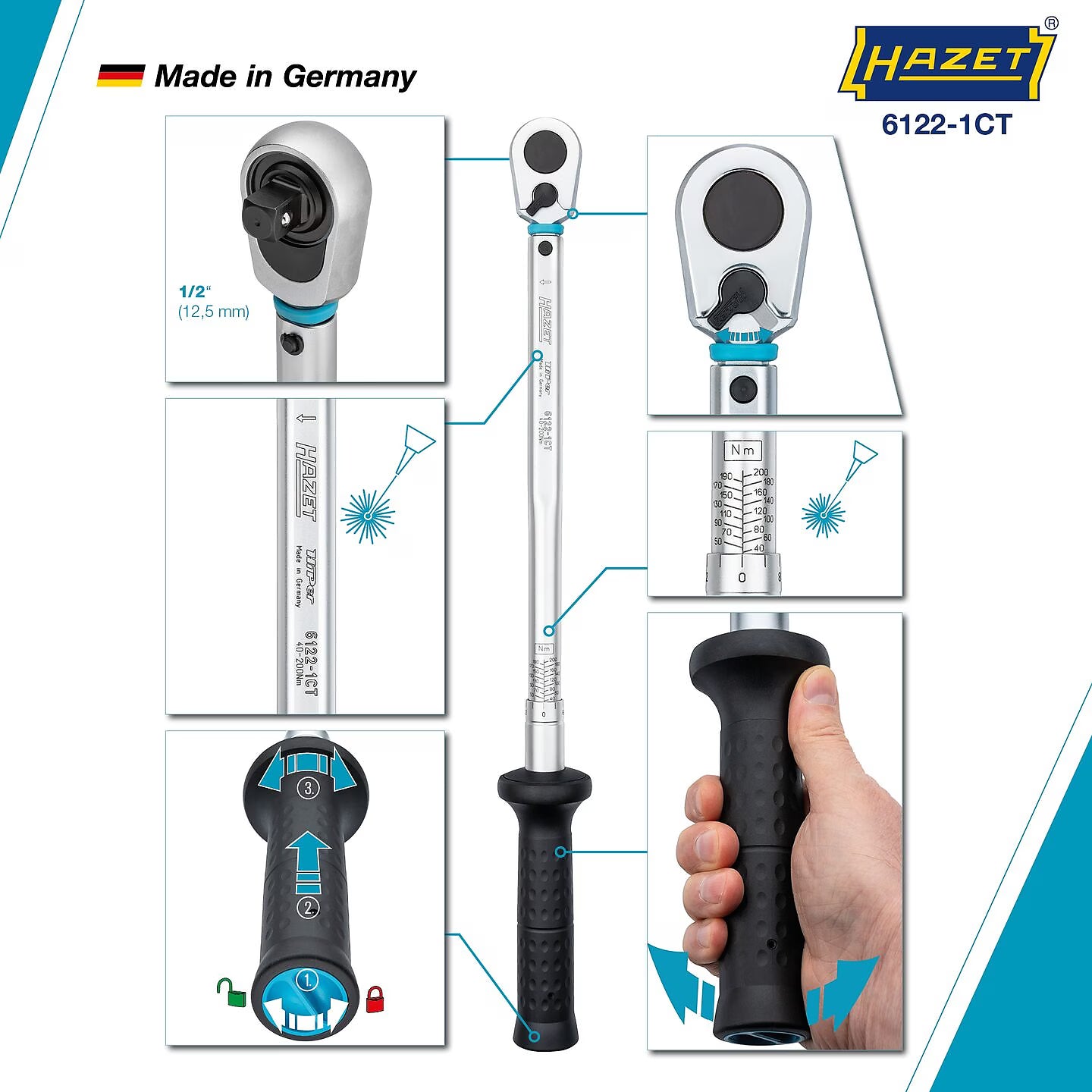 Hazet 6122-1CT 1⁄2″ Torque wrench ∙ 40 – 200 Nm ∙ ±2% ∙ With HiPer reversible ratchet