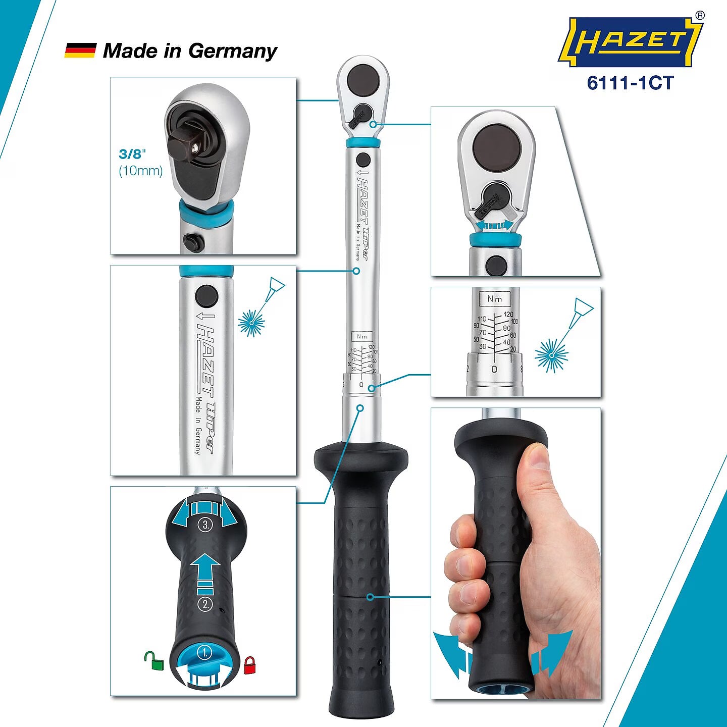 Hazet 6111-1CTCAL 3⁄8″ Torque wrench with DAkkS calibration certificate ∙ 20 – 120 Nm ∙ ±2% ∙ With HiPer reversible ratchet