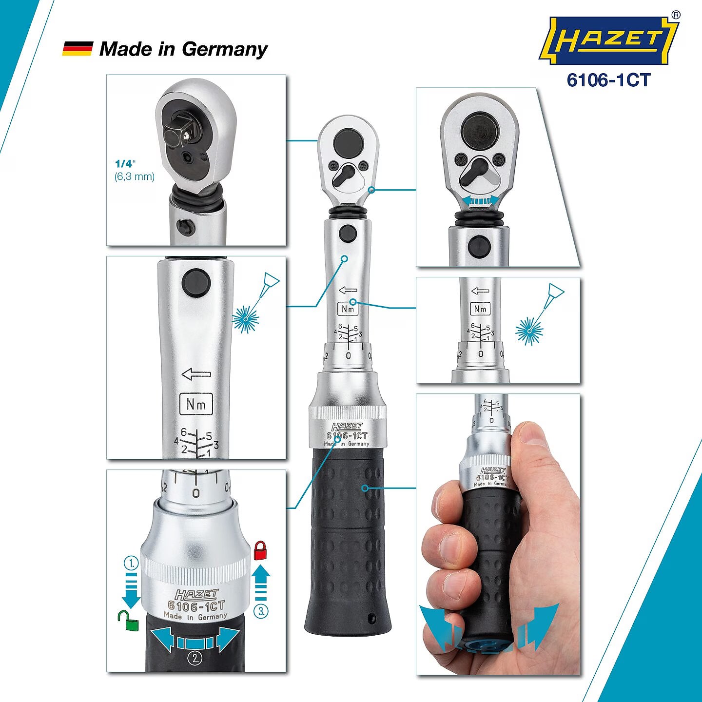 Hazet 6106-1CTCAL 1⁄4″ Torque wrench with DAkkS calibration certificate ∙ 1 – 6 Nm ∙ ±4% ∙ With HiPer reversible ratchet