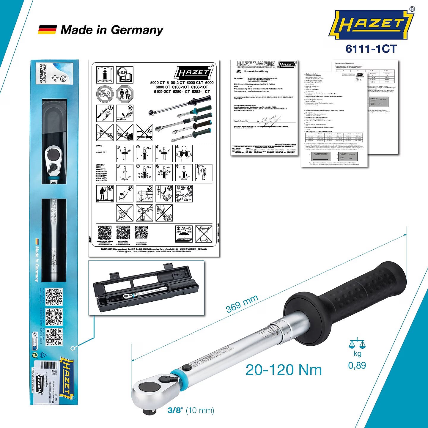 Hazet 6111-1CTCAL 3⁄8″ Torque wrench with DAkkS calibration certificate ∙ 20 – 120 Nm ∙ ±2% ∙ With HiPer reversible ratchet