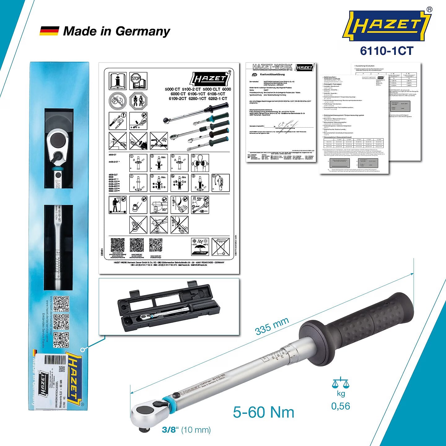 Hazet 6110-1CTCAL  3⁄8″ Torque wrench with DAkkS calibration certificate ∙ 5 – 60 Nm ∙ ±2% ∙ With HiPer reversible ratchet