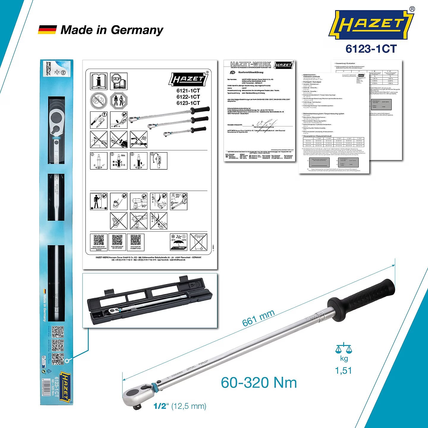 Hazet 6123-1CTCAL 1⁄2″ Torque wrench with DAkkS calibration certificate ∙ 60 – 320 Nm ∙ ±2% ∙ With HiPer reversible ratchet